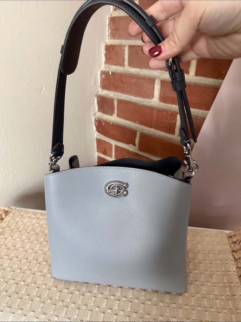 Coach Light Blue Pebbled Leather Shoulder Bag with Navy Blue Strap